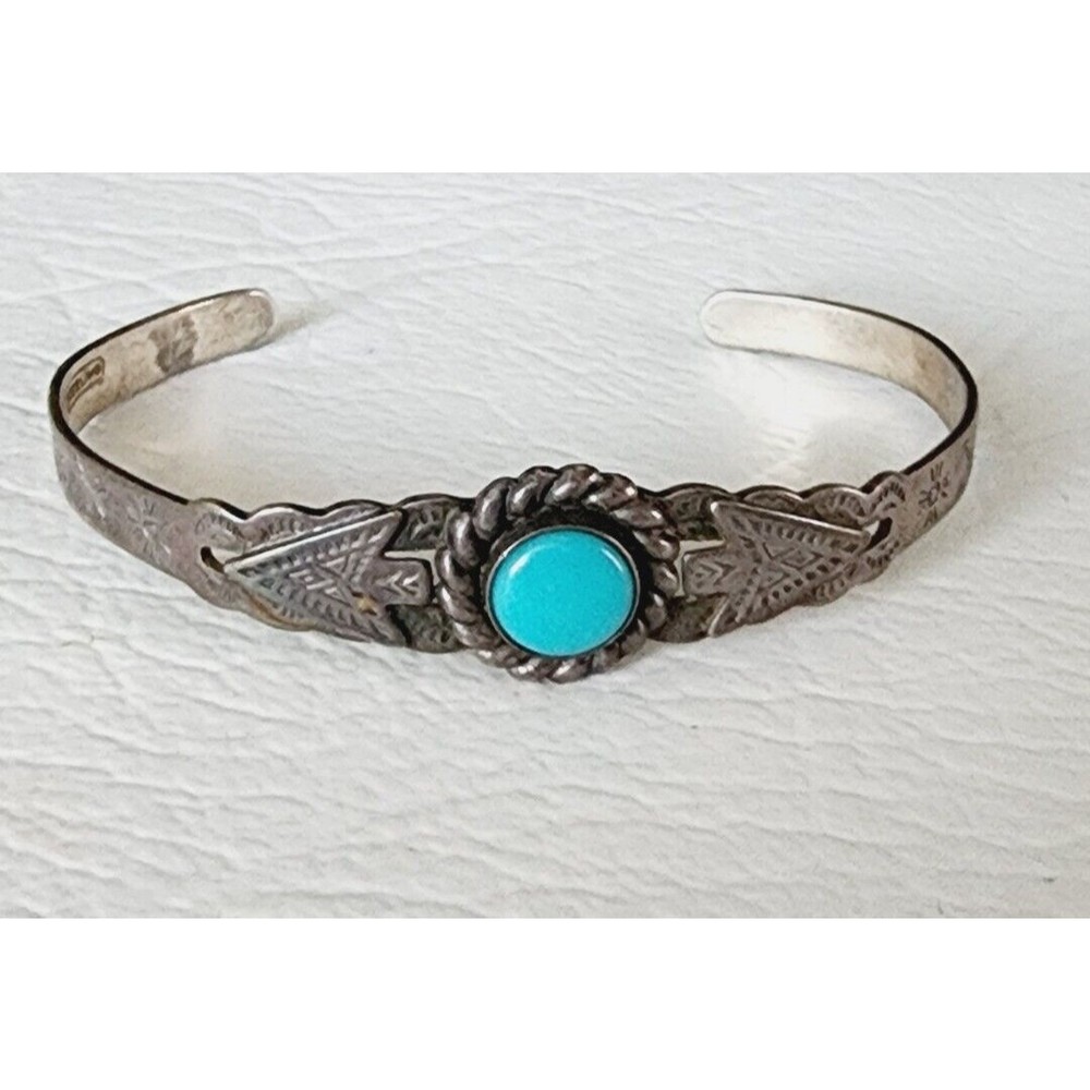 VINTAGE NAVAJO INDIAN STERLING TURQUOISE DOUBLE ARROW CUFF BRACELET